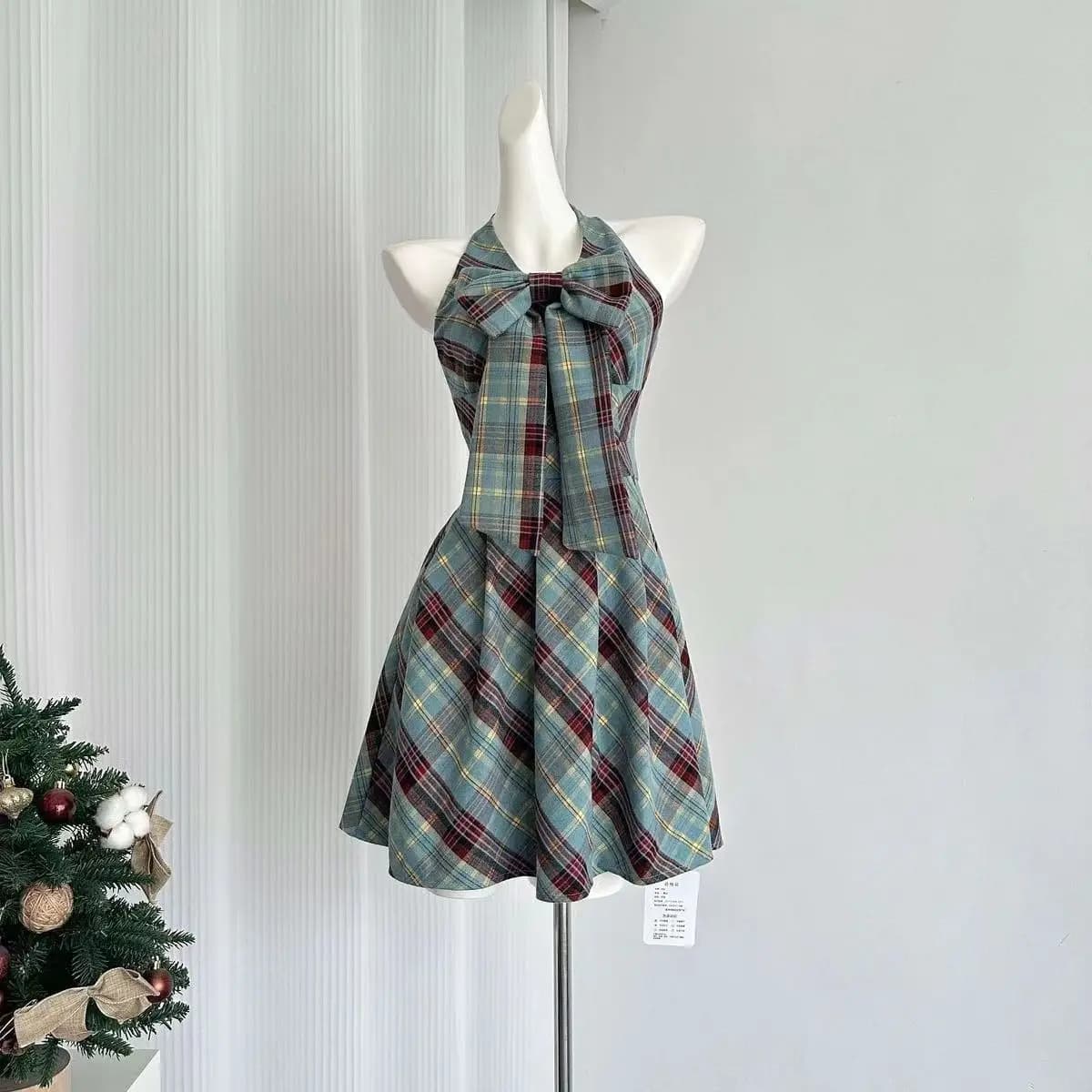 Preppy Set da 2 pezzi Abiti da donna Y2k Bow Halter Slim 2000s Scollo a V Goth Punk Vintage Mini abito sexy Plaid Grunge Summer Hot Girl