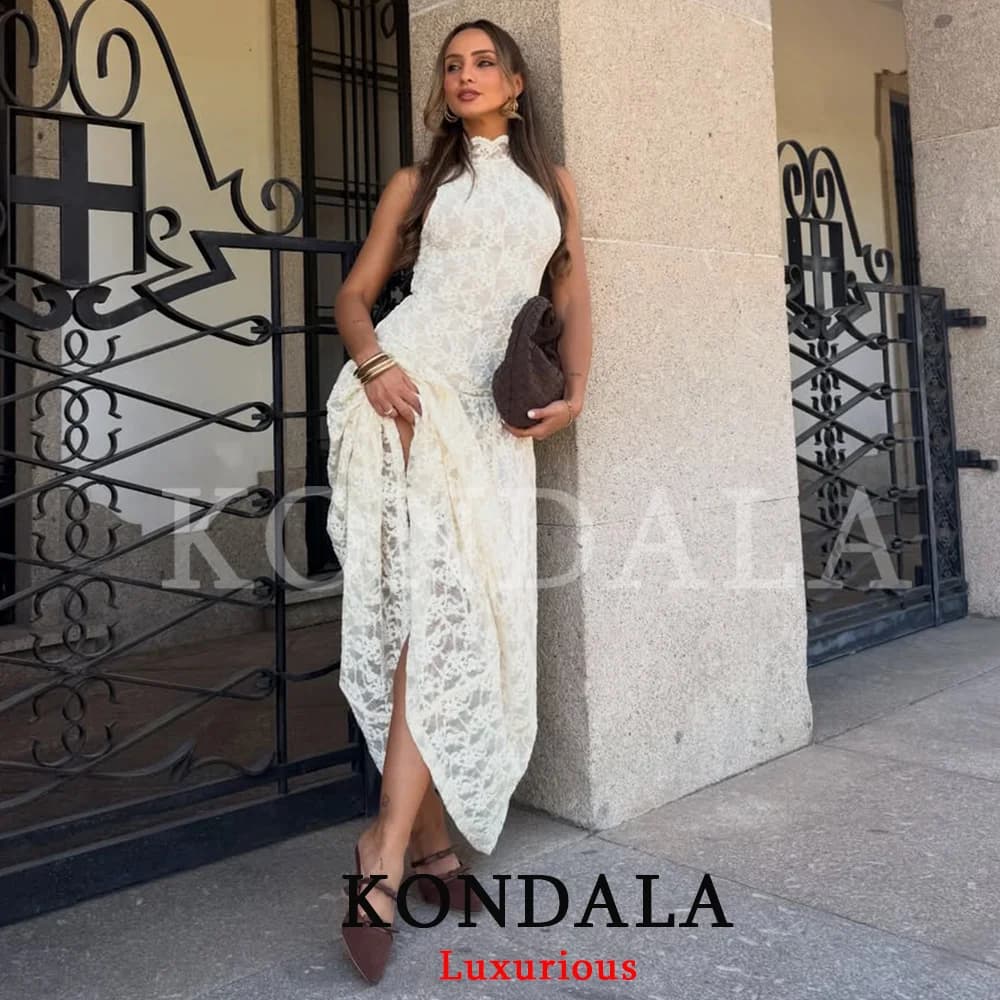 KONDALA Abito Vintage Chic Beige in Pizzo da Donna, Vestito da Spiaggia Sciolto Senza Maniche con Scollo a O, Moda Primavera Estate 2026, Abito Elegante