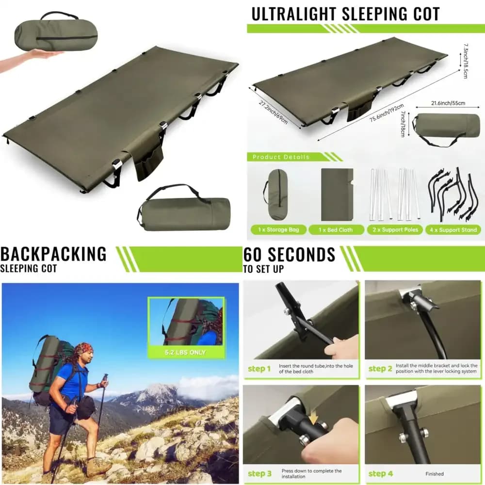 Lettino da campeggio, lettino da backpacking per dormire, lettino pieghevole da campeggio per adulti, facile da montare, supporta 150 kg