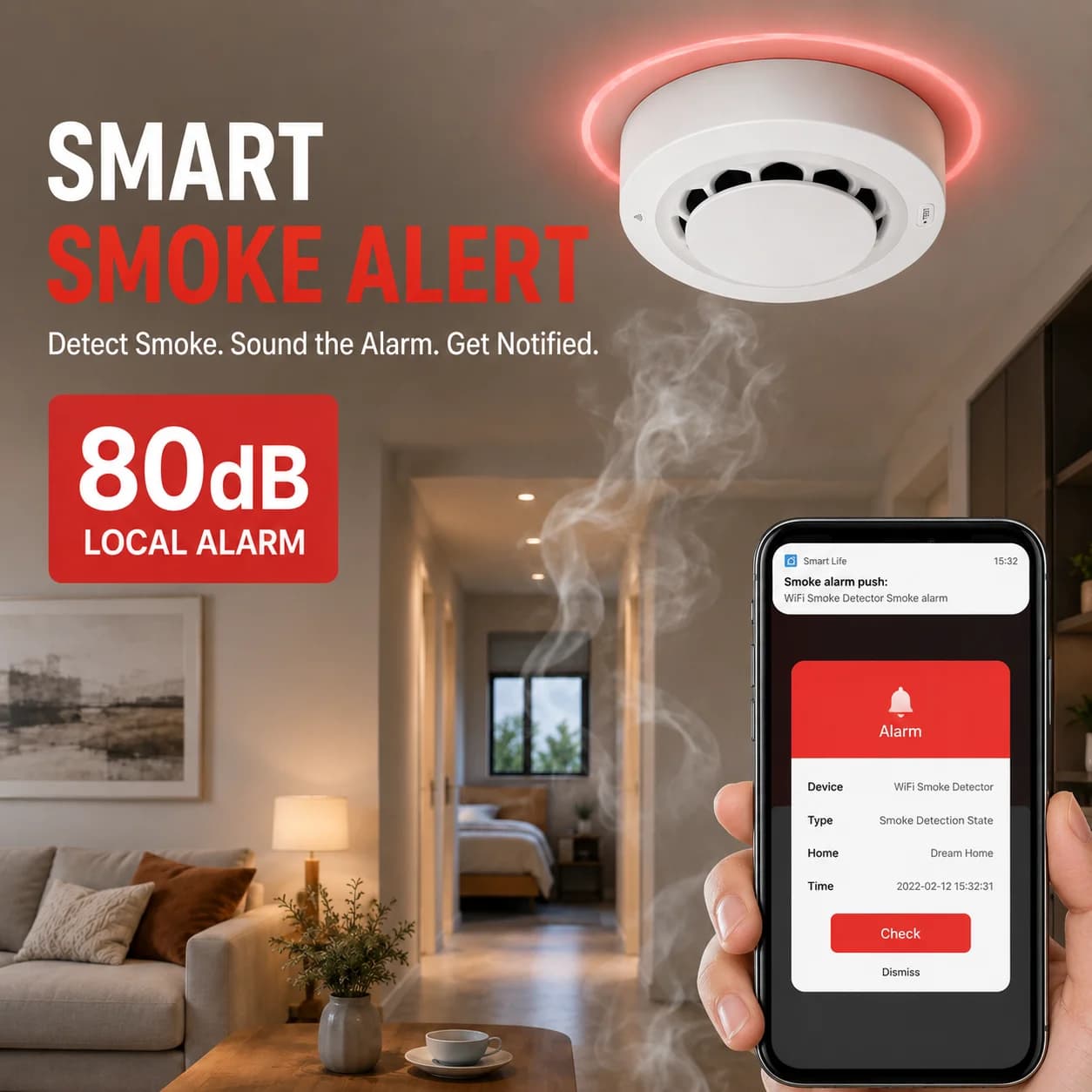 Home WiFi Smoke Alarm Tuya Smart Fire Smoke Detector Photoelectric Sensor Fire Alarm Home Kitchen Security System APP Remote