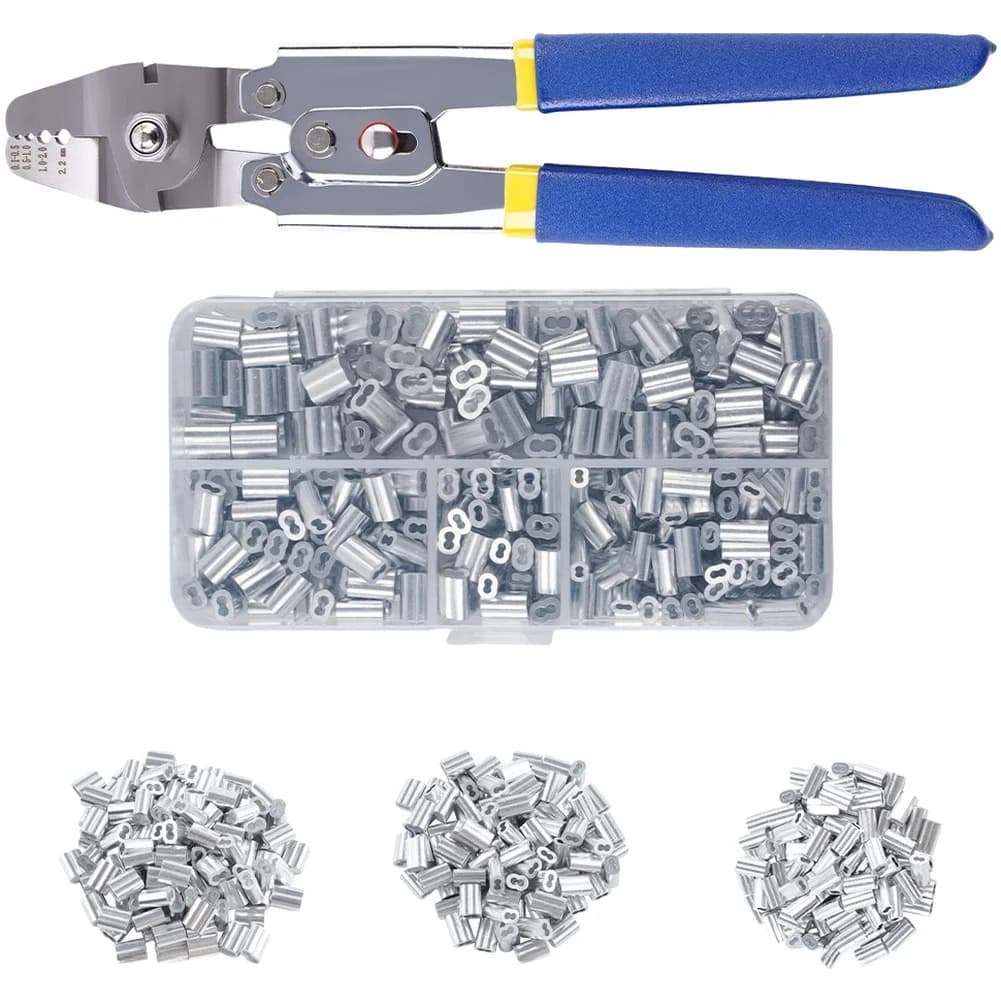Crimping Pliers For Wire Rope 10 Inch Stainless Steel With Blue Handle And 300pcs Aluminum Sleeves For Dog Leash Marine Rigging