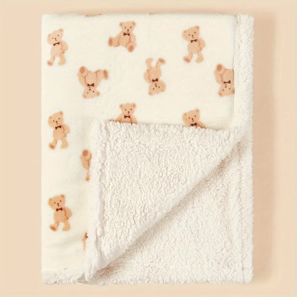 Baby Cartoon Bear Printed Blanket,Thickened Double Sided Plush Fleece Blanket for Newborn, Soft Warm Cover for Crib, Stroller