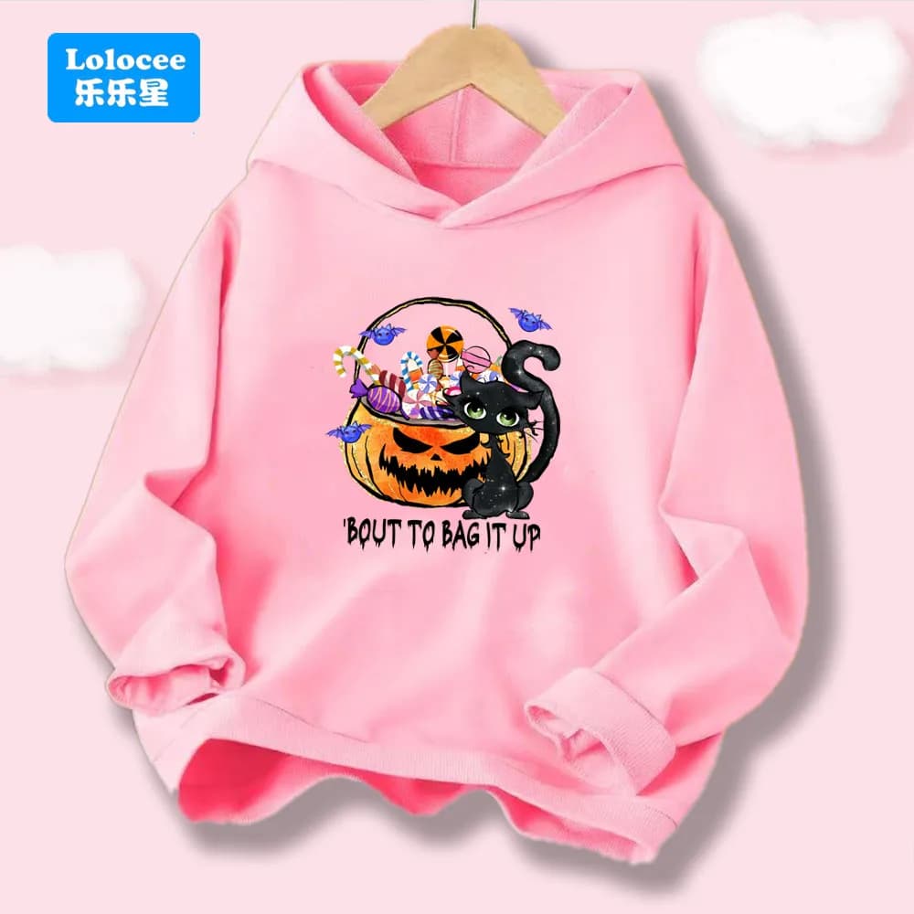 Kawaii Black Cat & Pumpkin Candy Cartoon Graphic Children Halloween Pullover Hoodie Fashion Festival Hooded Sweatshirt WSJHL1