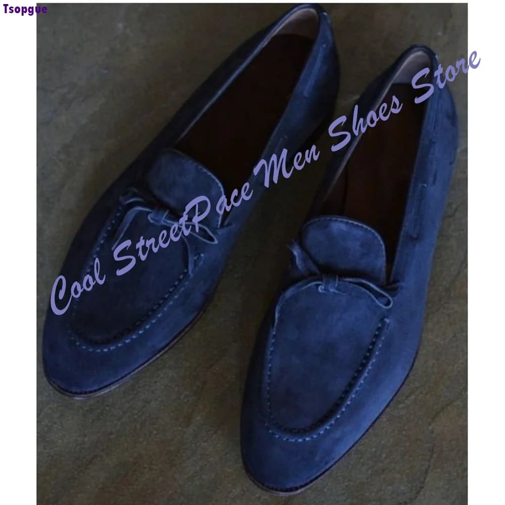 Business Casual Knot Loafers for Men Navy Blue Suede Slip‑On Oval Toe Hand‑Stitched 2026 Zapatillas Mujer Low Heel Formal Shoes
