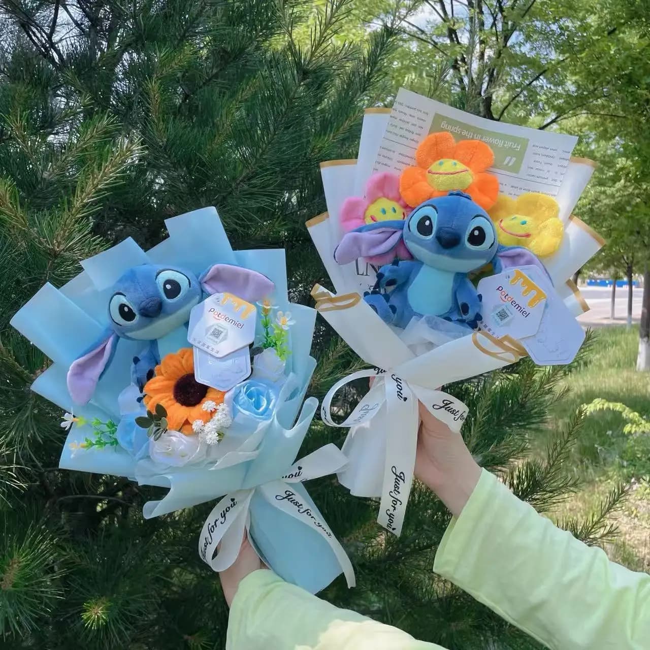 Peluche Originali di Stitch e Lilo con Bouquet Creativi di Girasoli e Rose, Regali per Natale, Compleanno, Laurea e San Valentino