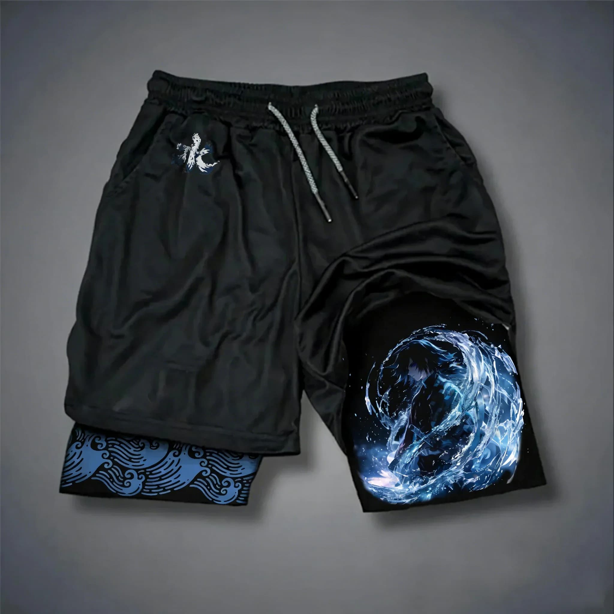 Pantaloncini Sportivi 2-in-1 da Uomo Demon Slayer 2026 Nuovi con Stampa Anime Tomioka Giyuu, Asciugatura Rapida e Traspiranti