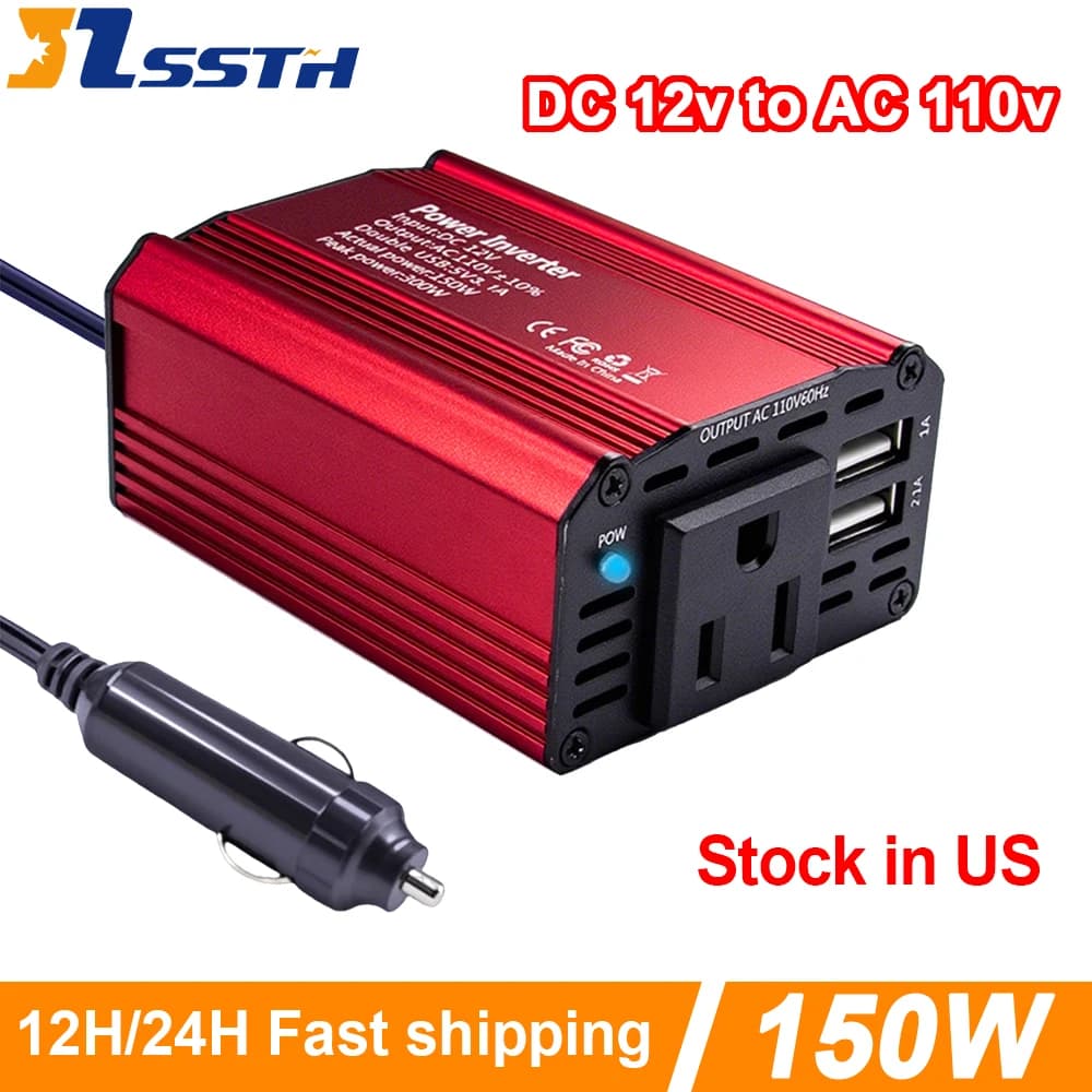 Inverter di Potenza per Auto 150W da DC 12V a AC 110V, Adattatore Convertitore Caricabatterie Auto a Onda Sinusoidale Modificata con Doppie Porte USB e Presa USA