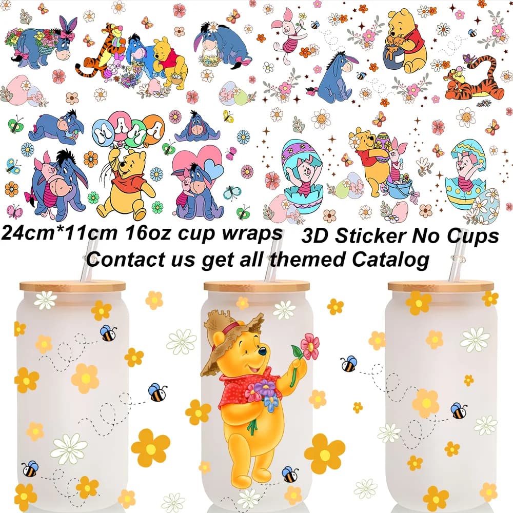 Honey Winnie Family Themed 3D Sticker UV DTF Cup Wraps For 16oz Cup Cute Mothers Day Design DIY Sticker Gift Cup Wraps