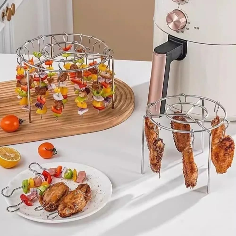 Supporto per Spiedini in Acciaio Inox per Friggitrice ad Aria, Resistente al Calore e Antiruggine, Antiaderente con Bastoncini per Arrosto e Griglia Rotante
