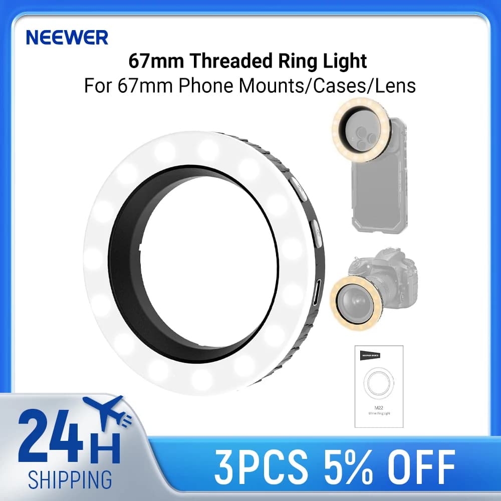 NEEWER Basics 67mm Threaded Ring Light for 67mm Phone Mounts/Cases/Lens, Rechargeable Bi Color LED Selfie Photo Fill Lighting