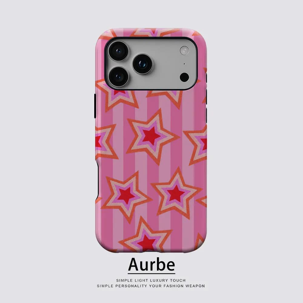 Custodia Aurbe Matte 2-in-1 con Pellicola e Supporto MagSafe per iPhone 17 16 15 14 Plus 17 Pro Max, Antiurto, Rigida, con Strisce Rosa a Stella Giocosa