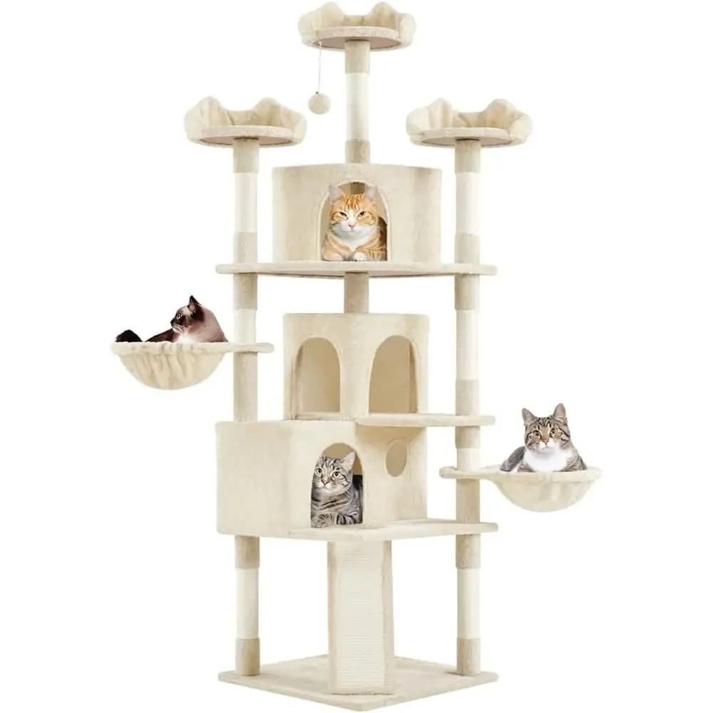 Torre per Gatti a 76,5 Livelli con 3 Cucce, Posti Sdraiarsi Imbottiti, 9 Pali in Sisal e Scala per Gatti Grandi, Beige