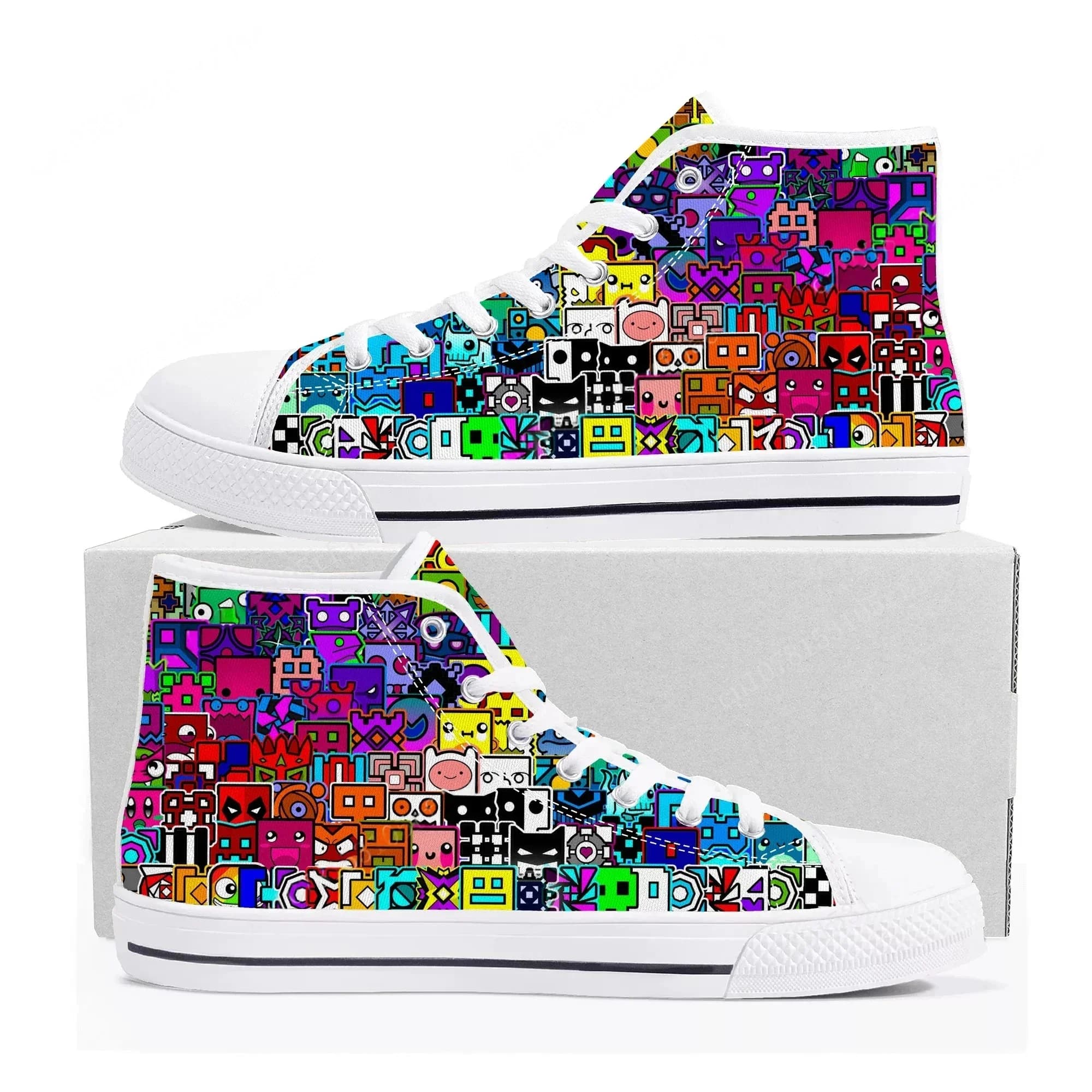 Geometry Dash High Top Sneakers Cartoon Game Mens Womens Teenager High Quality Fashion Canvas Shoes Casual Tailor Made Sneaker