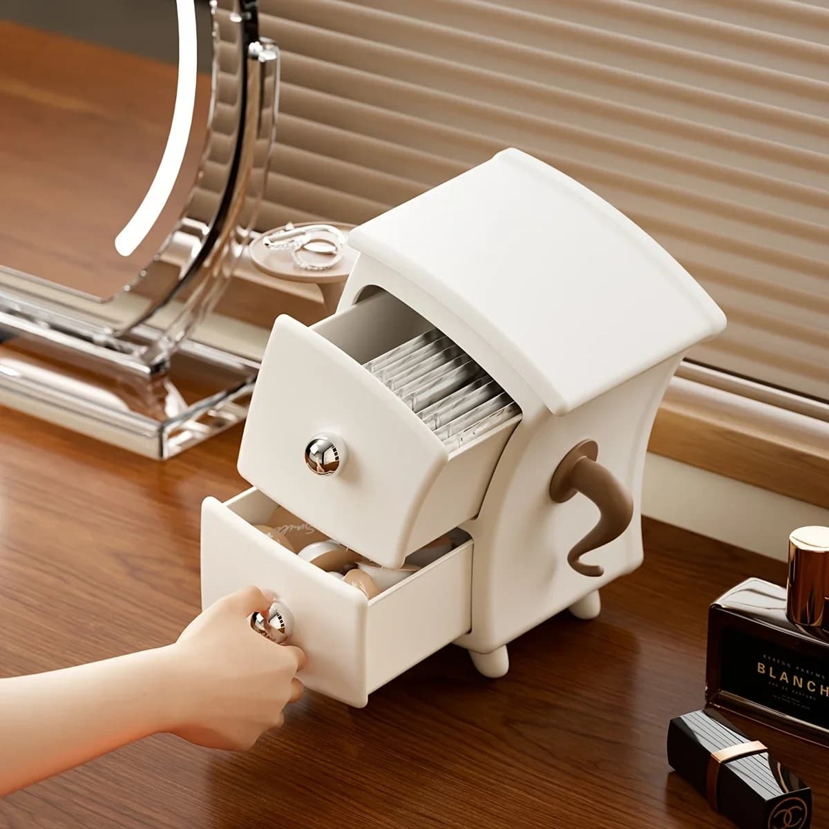 Scatola portaoggetti per animali carini con porta rotonda Organizzatore da tavolo a 2 livelli con cassetto per piccoli oggetti, scrivania in plastica compatta e decorazione per scaffali