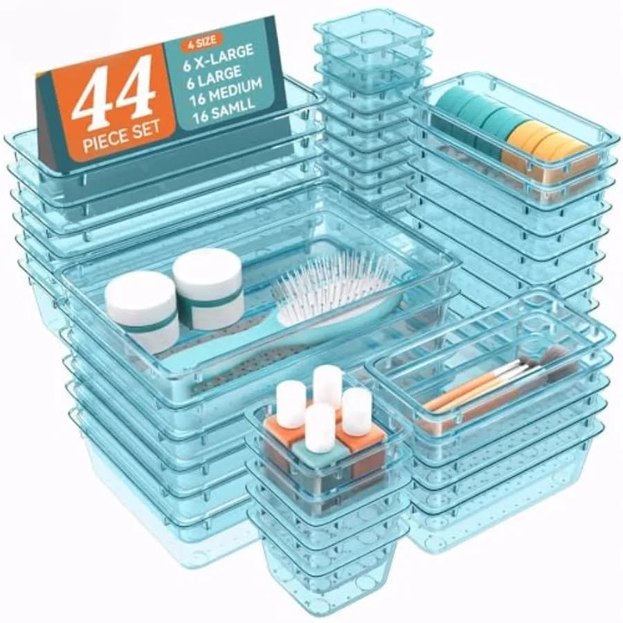 Set di 44 organizer in plastica per cassetti, 6 contenitori di diverse dimensioni e vassoi organizer per cassetti da scrivania per trucchi, gadget, gioielli e altro.