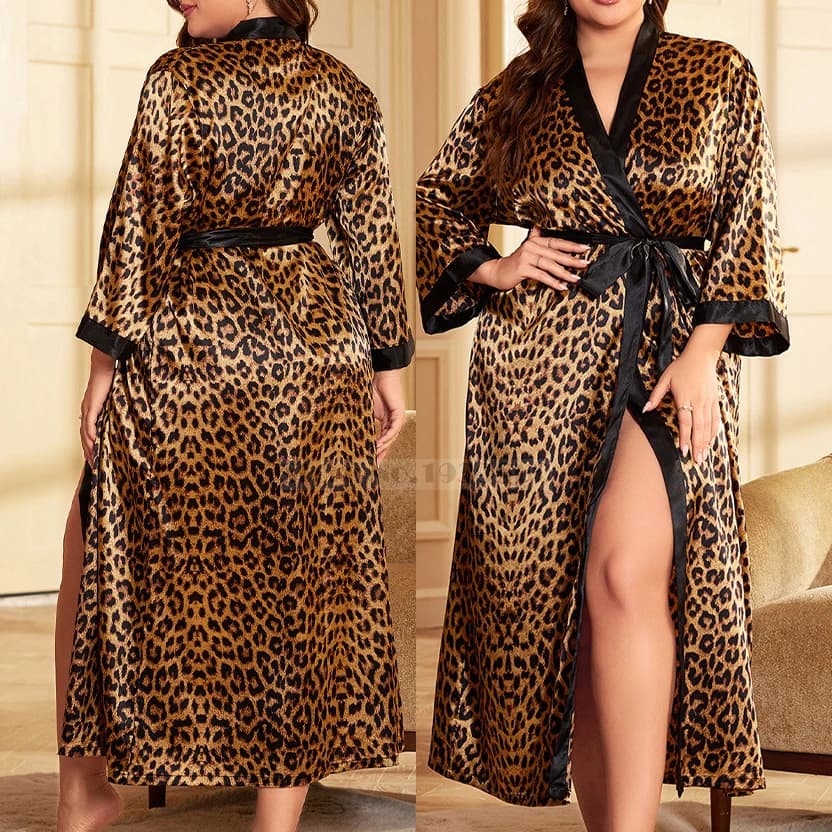 Plus Size Sexy Leopardo Kimono Accappatoio Abito femminile Abito lungo Camicia da notte Indumenti da notte Raso allentato Abito da casa Abbigliamento da salotto 3XL 4XL 5XL