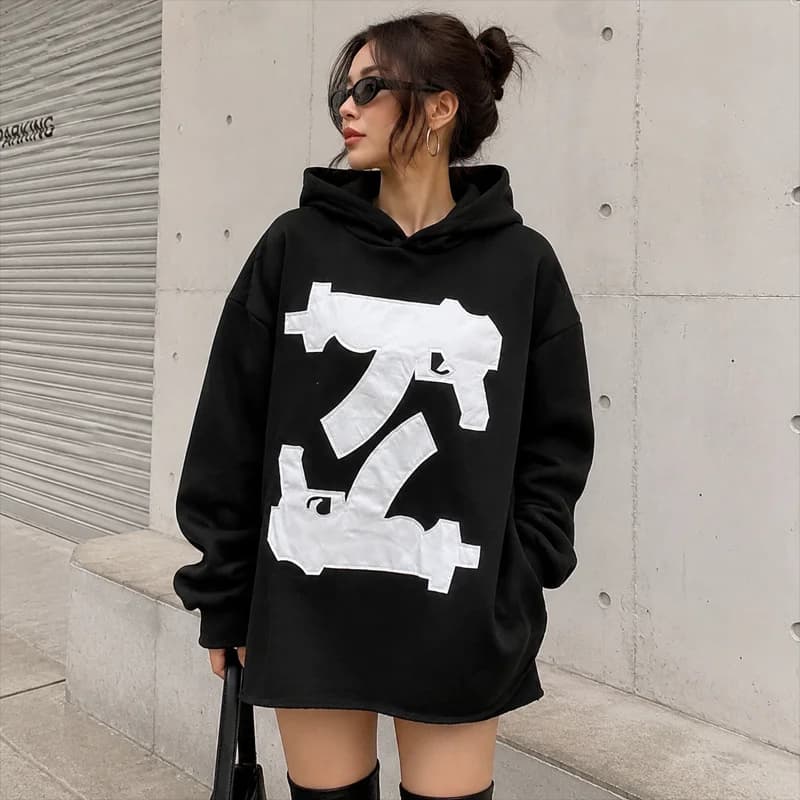 Y2K Patchwork Graphic Hoodie Contrast Applique Long Sleeve Oversized Loose Fit Casual Streetwear Pullover Sweatshirt