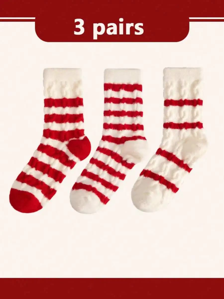 Red And White Striped Knitted Mid-Calf Warm Thermal Socks 3 Pairs