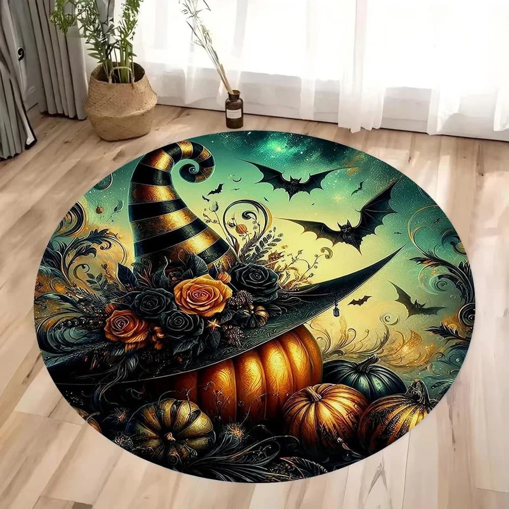 Halloween Magic Pumpkin Hat and Circular Printed Carpet Pistrel Halloween Theme Mat Home Decoration Yoga Studio Gift