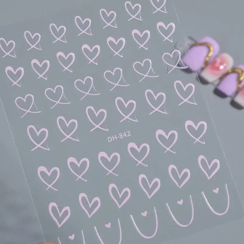 1 Sheet Nail Art Stickers 3D Cute Heart White Gold Silver Lines Love Heart Nail Decals DIY Adhesive Slider Manicure Decorations
