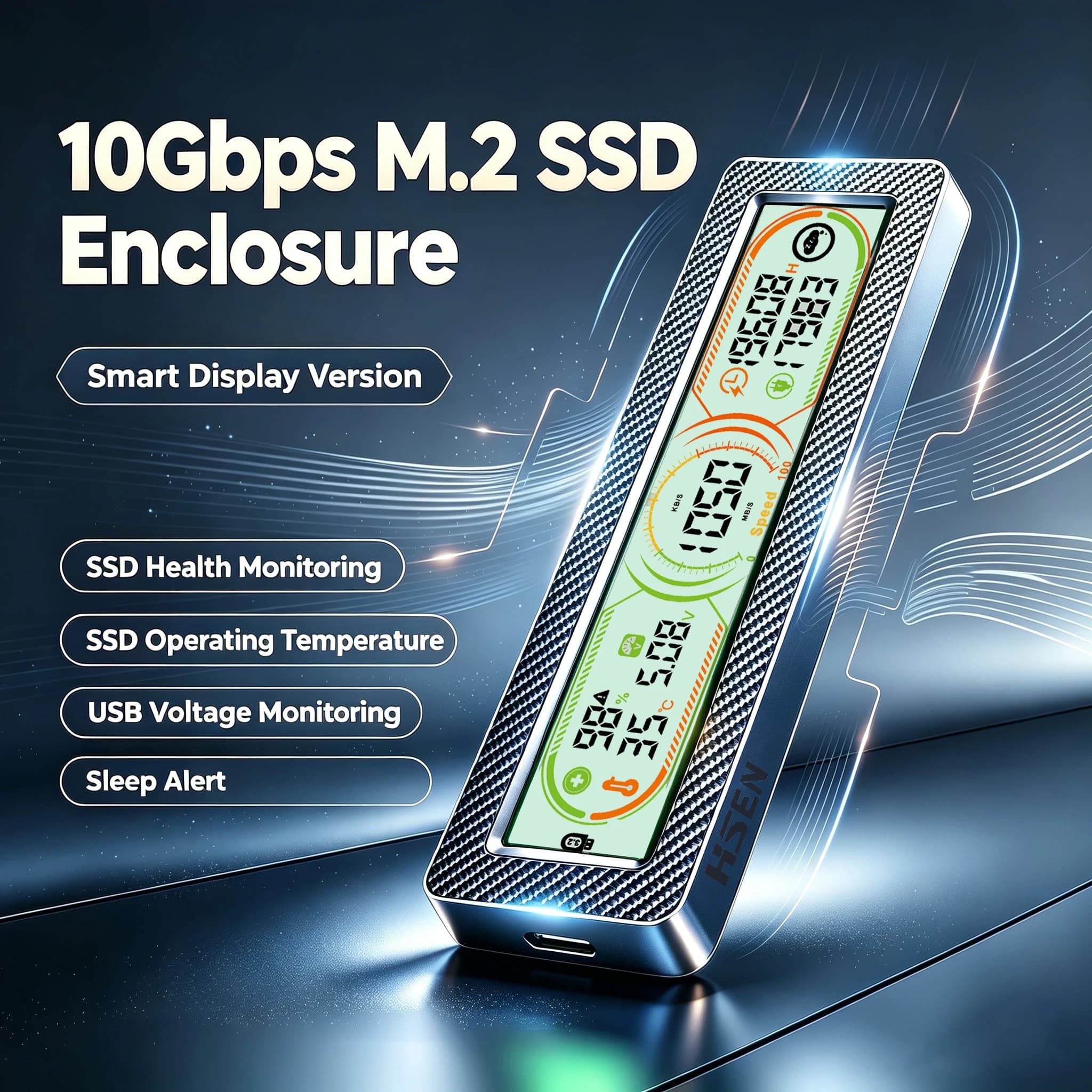 10Gbps M.2 SSD Enclosure Smart Display NVMe/SATA External SSD Case Real-time Health Monitor Portable Solid State Drive Box