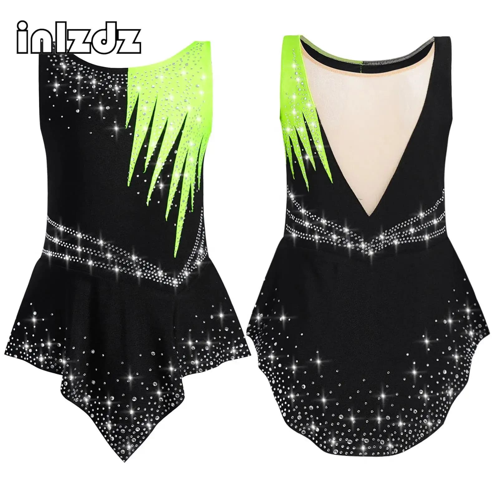 Ragazza per bambini Strass Ginnastica ritmica Maglia da balletto Figura Pattinaggio su ghiaccio Costume da performance sul palco Body senza maniche