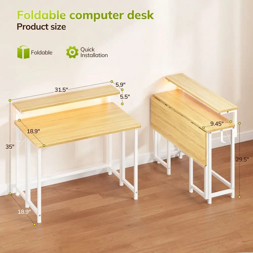 Scrivania da Gaming Pieghevole Salvaspazio da 31,5 W con Luci LED e Supporto Monitor, Scrivania per Ufficio Domestico con Spazio di Archiviazione