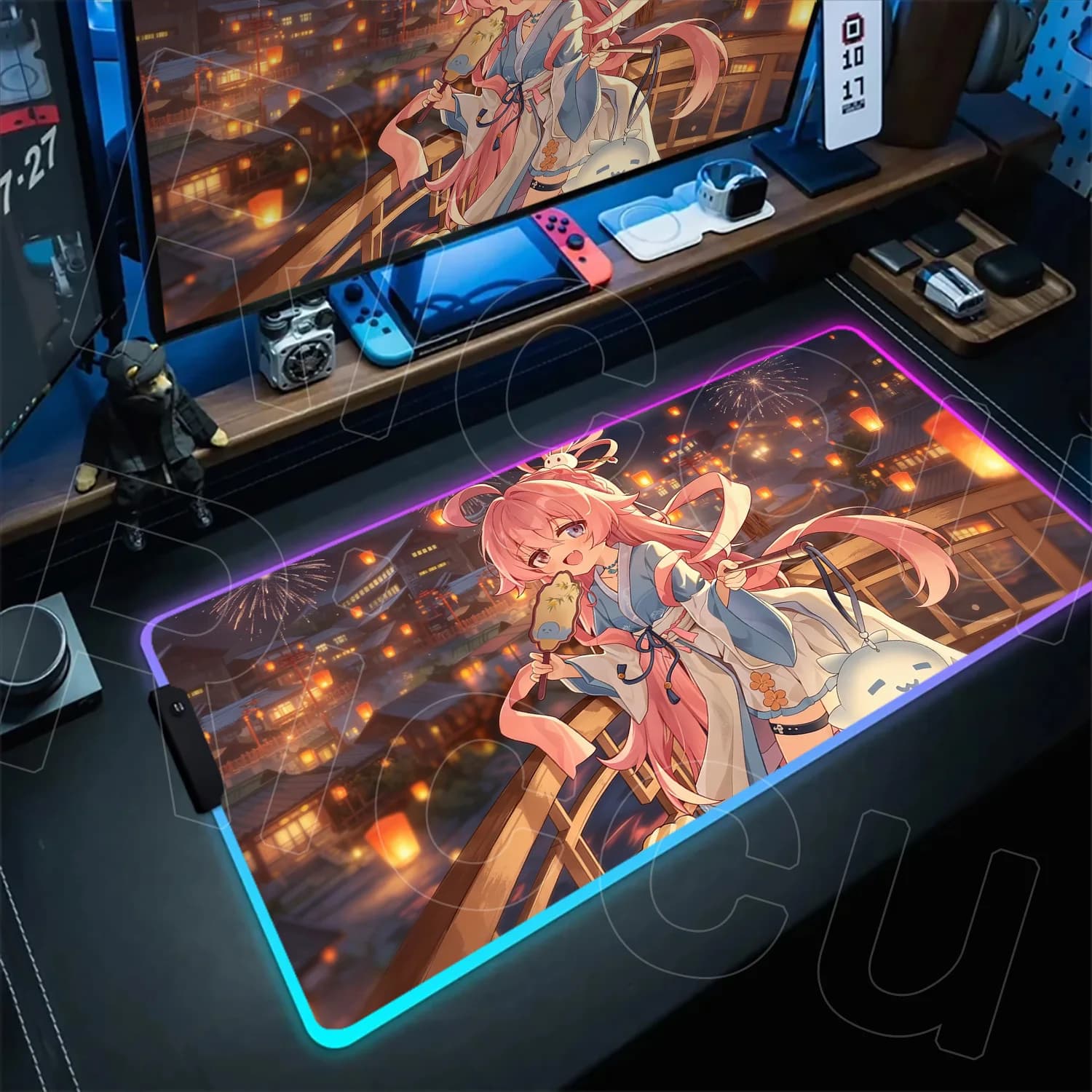 Tappetino per Tastiera in Gomma RGB LED HD Antiscivolo, Mousepad XXL Retroilluminato Blue Archive Takanashi Hoshino
