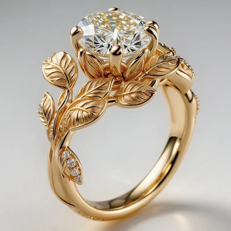 Light Luxury Flower Leaf Shaped Golden Plated Ring Inlay Sparkling Zircon Ring For Dinner Parties Women's Exquisite Jewelry