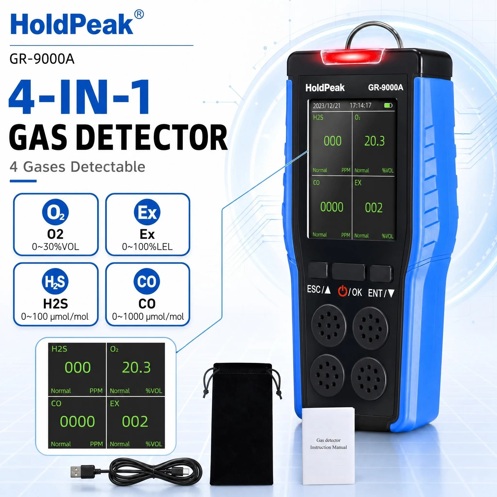 4-in-1 Multi Gas Detector Monitor O2 H2S CO EX 2.8'' LCD Audio Visual Vibration Alarm 2500mAh 10H 2Y Sensor for Confined Space