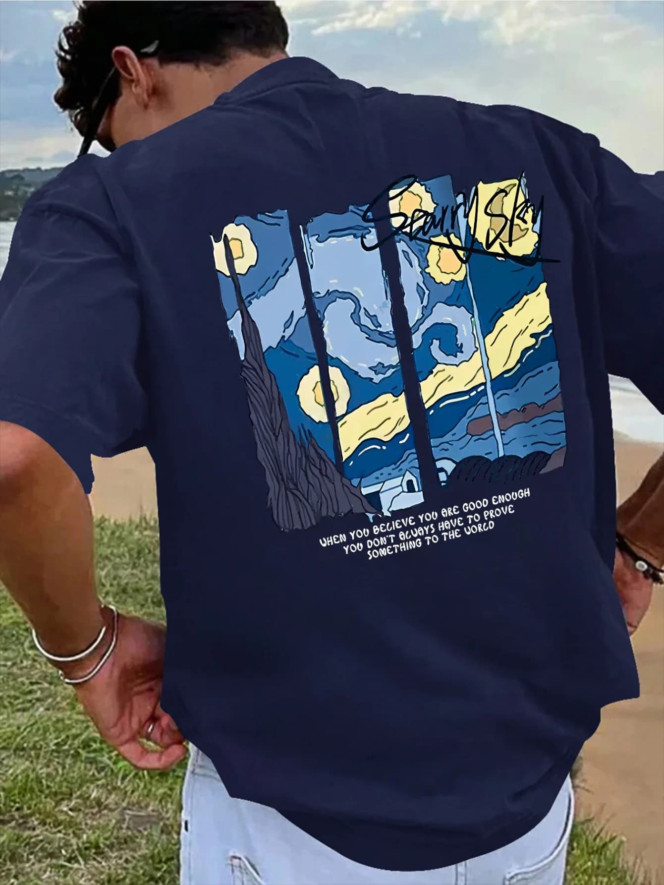 Men's summer 100 cotton fashionable casual loose sports oil painting pattern printed round neck short sleeved T-shirt top