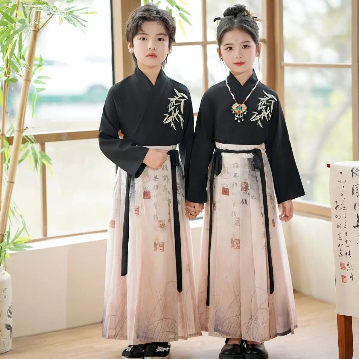 ‌Mamian Skirt Set for Kids - Ink Calligraphy Chinese Dress, 2026 Spring Hanfu, Traditional Unisex Costume