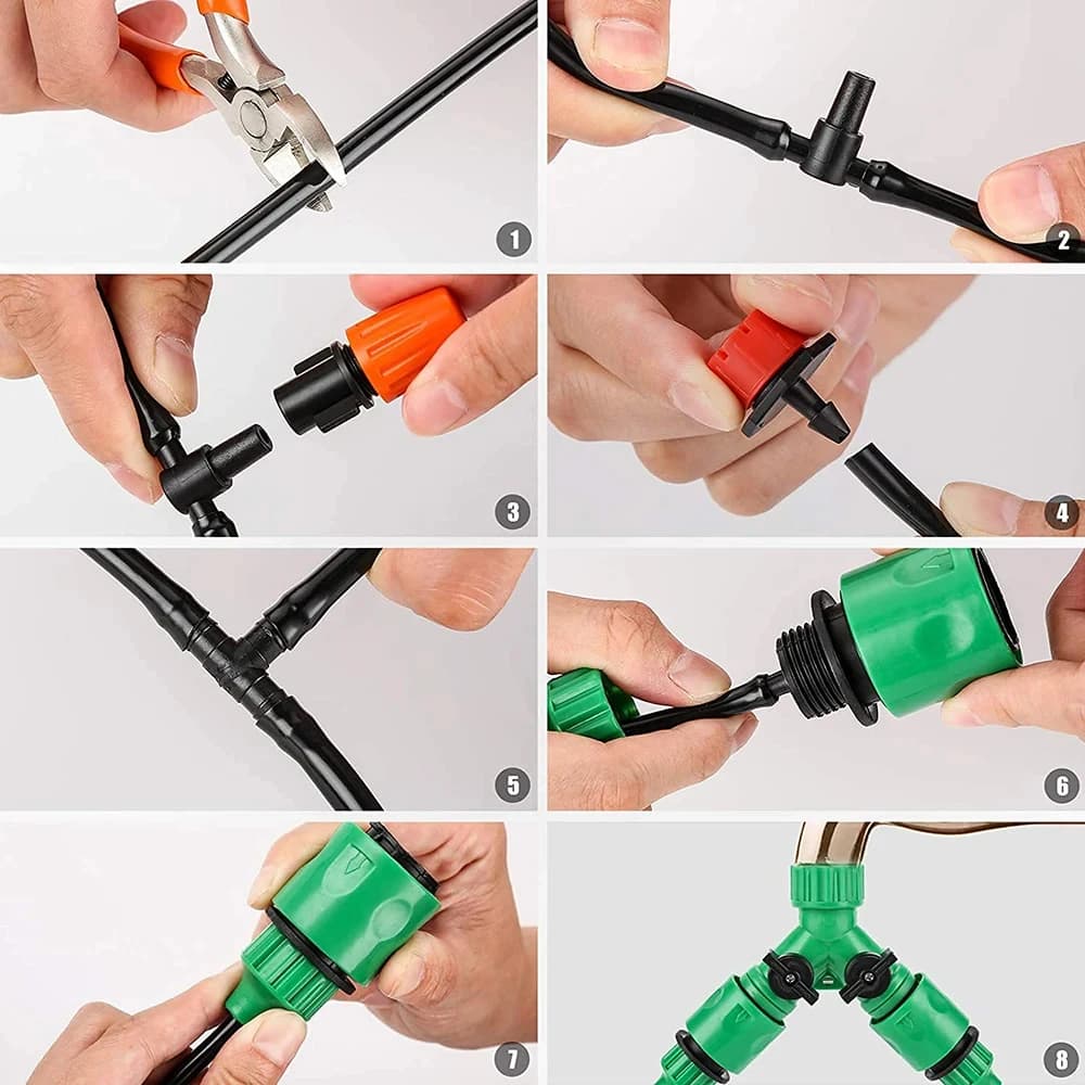 Kit di irrigazione automatica per piante con micro sistema di irrigazione a goccia da 50 m con gocciolatori e tubo flessibili regolabili - Strumenti di nebulizzazione per giardino esterno