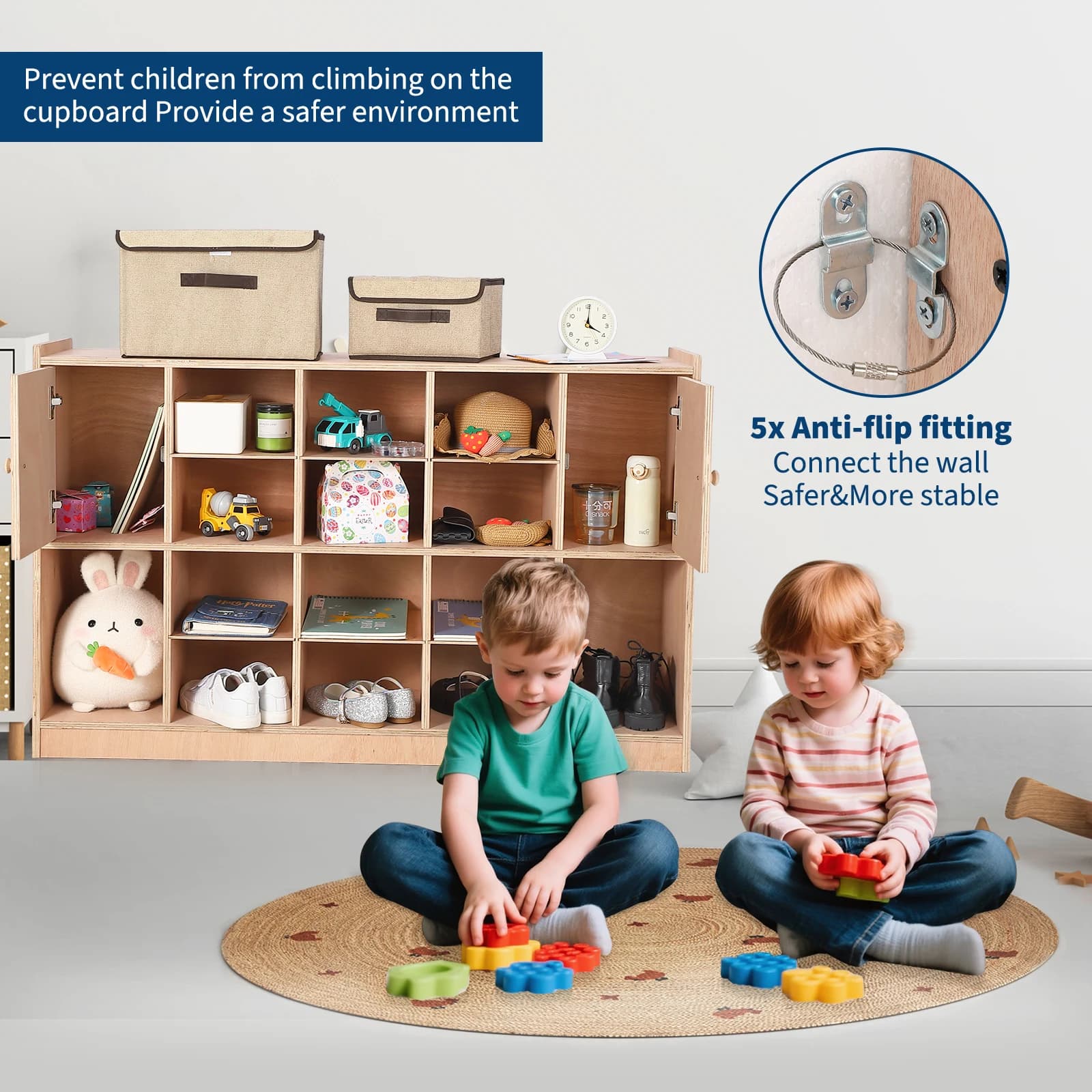 Durable Wall-Mounted Storage Cabinet – 10-Cubby Organizer with 5 Hooks, Birch Plywood, Anti-Tip Kit, Easy-Clean Finish – Perfect for Training Rooms & Playrooms – 47"x11.7"x26.5"