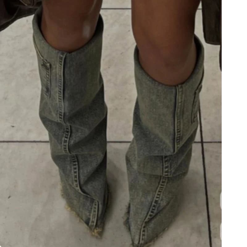 Denim Pointe Boots High Knee Boots Woman Winter 2026 Slip-On Pocket Decoration Style Fashion Footwear Slouchy Boots