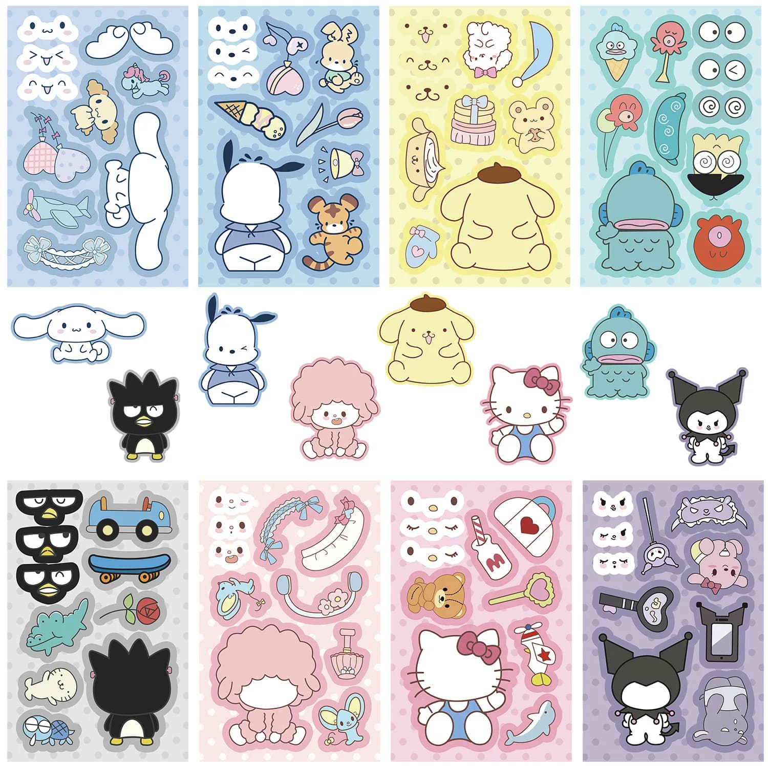 8/16 Fogli di Adesivi Puzzle Sanrio Kuromi Cinnamoroll, Divertenti Decalcomanie Cartoon Fai-da-Te, Gioco di Assemblaggio per Ragazze