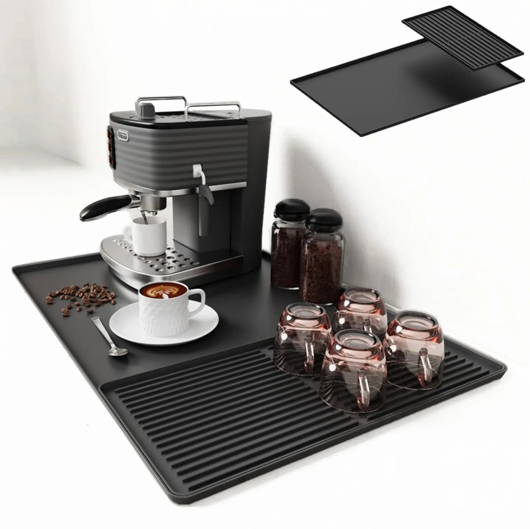 Silicone Coffee Mat, Coffee Maker Mat, 24"x16" Silicone Coffee Mat Spill-Proof, Heat-Resistant, Non-Slip, Detachable Dish Drying
