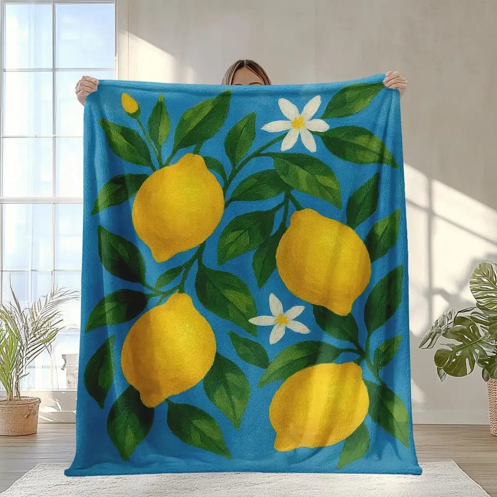 Coperta stampata in flanella con motivo limone e floreale adatta a tutte le stagioni adatta per divano da ufficio e viaggi