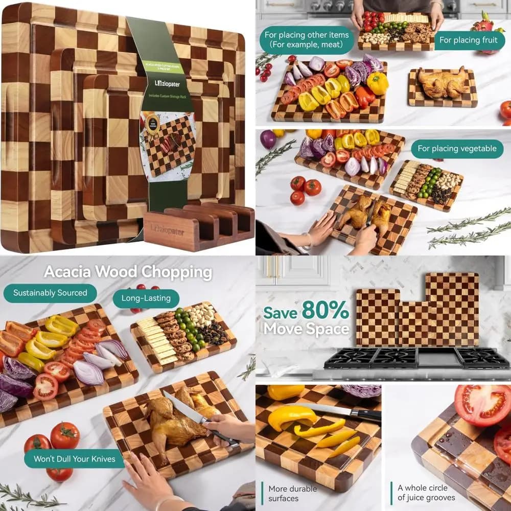 Wood cutting set, acacia wood, kitchen cutter in 3 pieces with support, deep juice groove for efficient food preparation