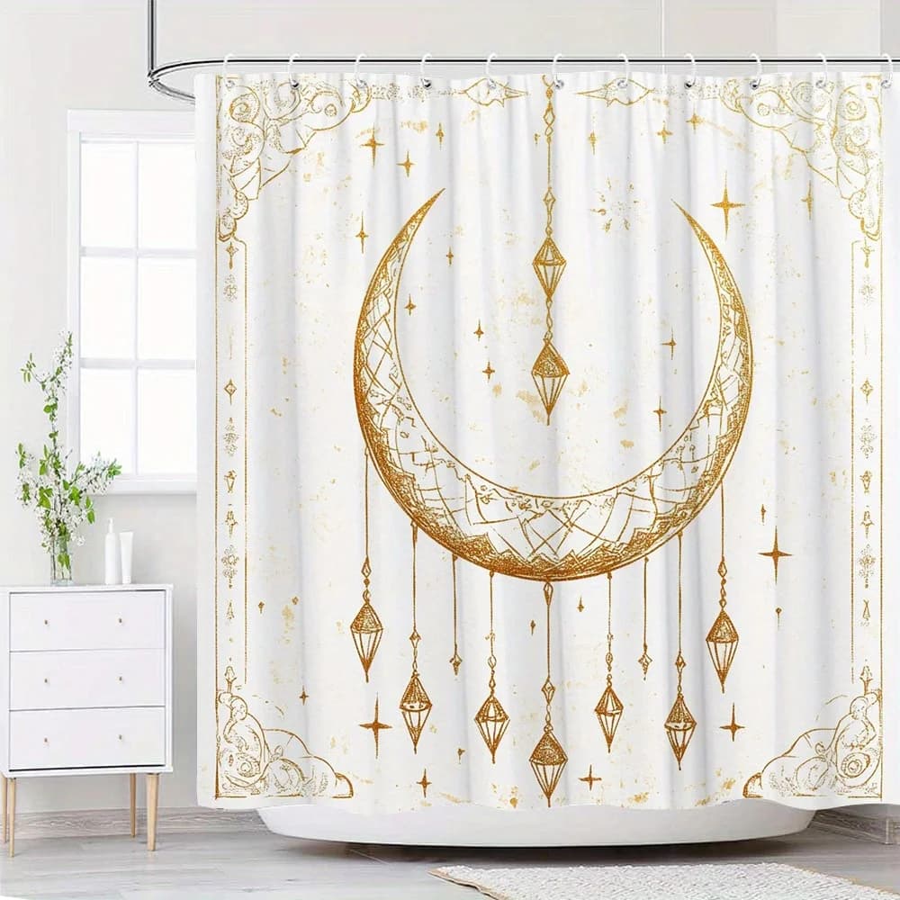 Tenda da doccia minimalista con luna e lanterne geometriche da 1 pezzo - Design a mezzaluna dorata con lanterne di diamanti, bordo simmetrico, retro