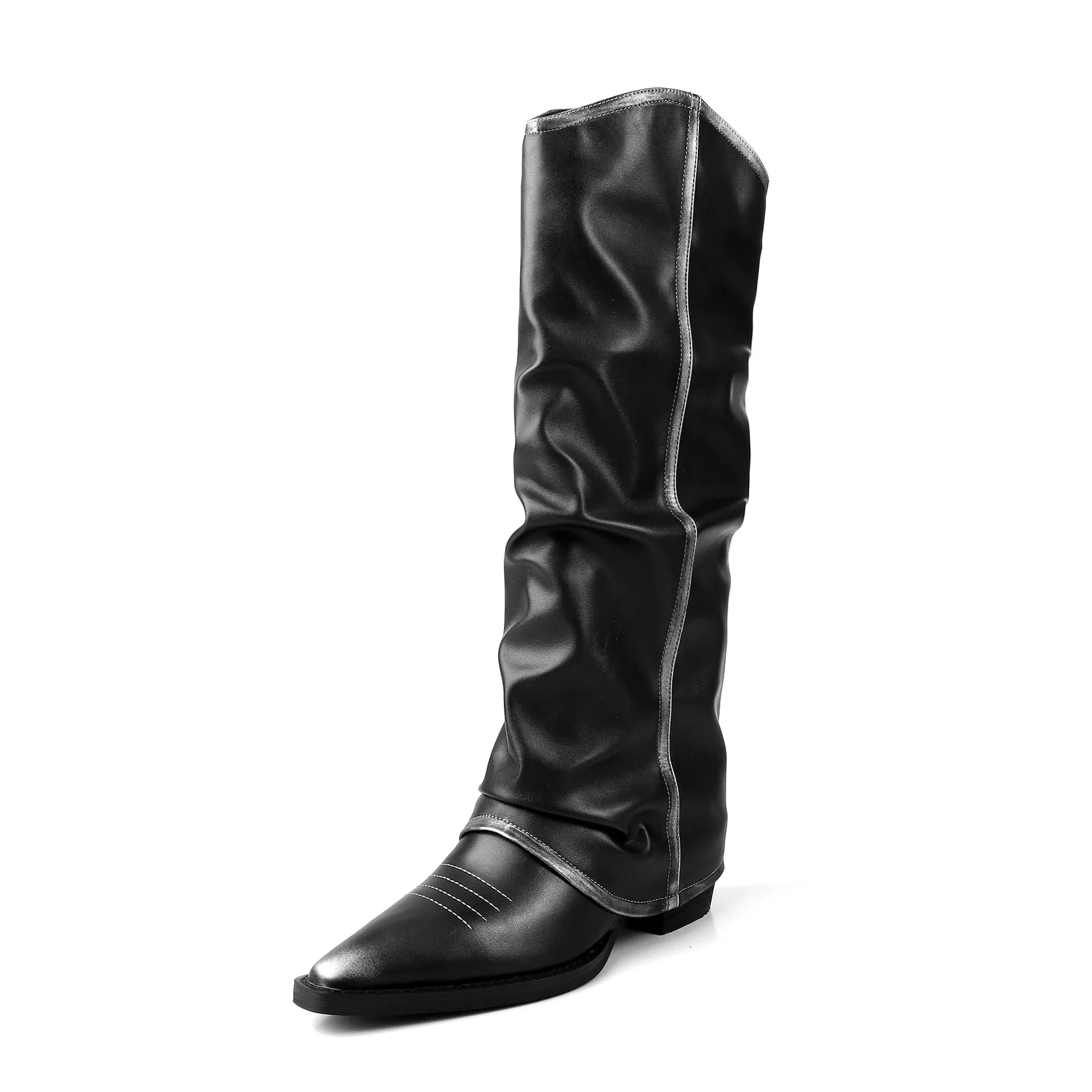 Arden Furtado Autumn cowhide Trouser legs boots Square toe slip-on Turned-over Edge Chunky heels Knee high boots Large size