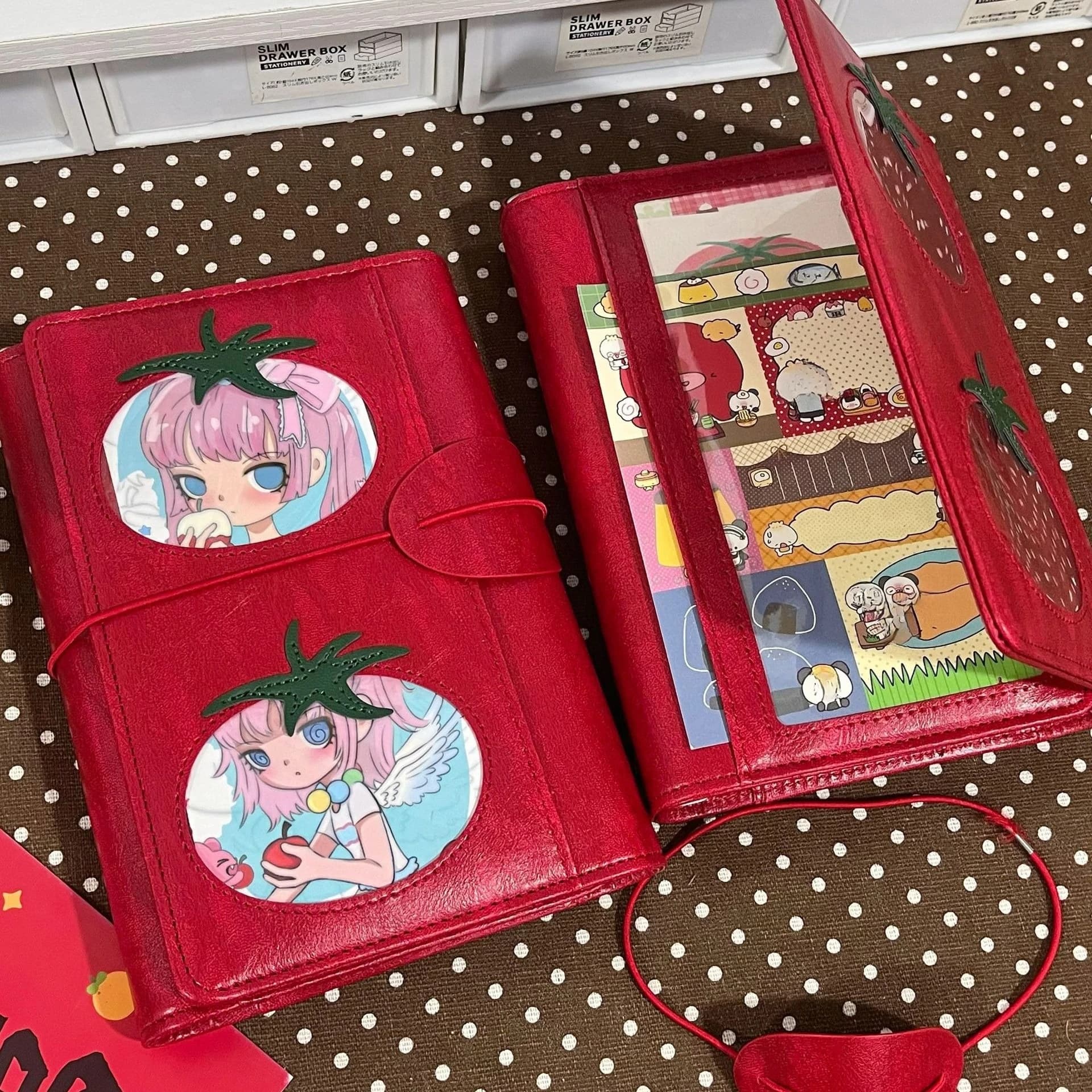 A6 Red Tomato Leather Creative Journal Three-Fold Loose-Leaf Notebook Planner Diary Agenda Planner Cover Album Stationery