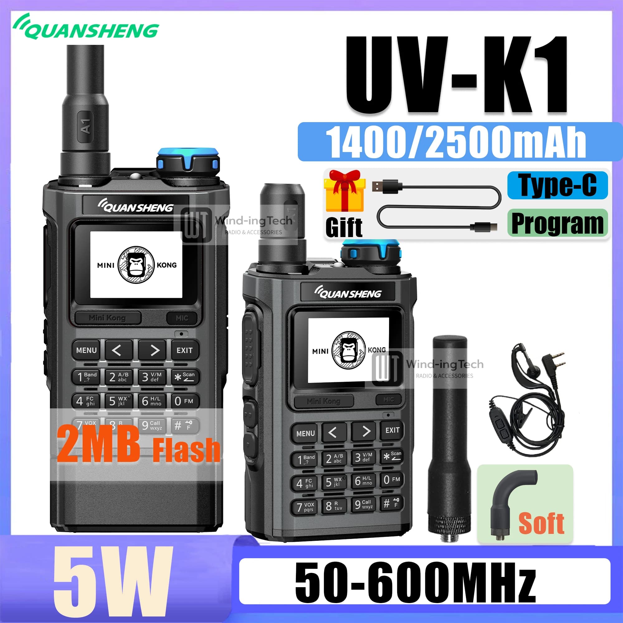 Quansheng UV-K1 Walkie Talkie Mini Kong 2MB di memoria 1400/2500mAh AM/FM VHF/UHF Multi-Band Type-C Programma NOAA Ham Radio bidirezionale