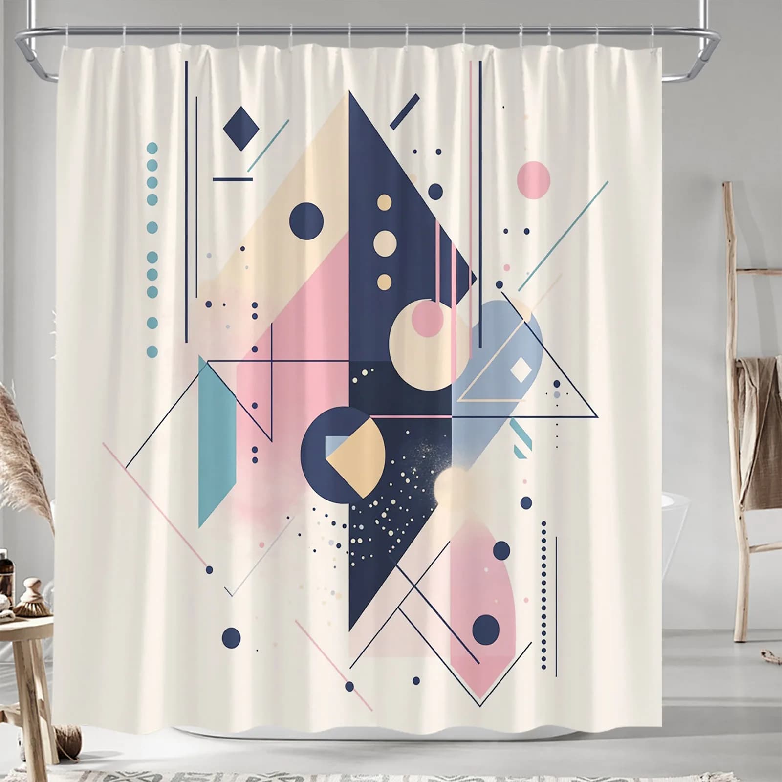 Tenda da doccia moderna con cuori sovrapposti: rosso, rosa, arancione e verde acqua su giallo pallido, arredamento da bagno contemporaneo