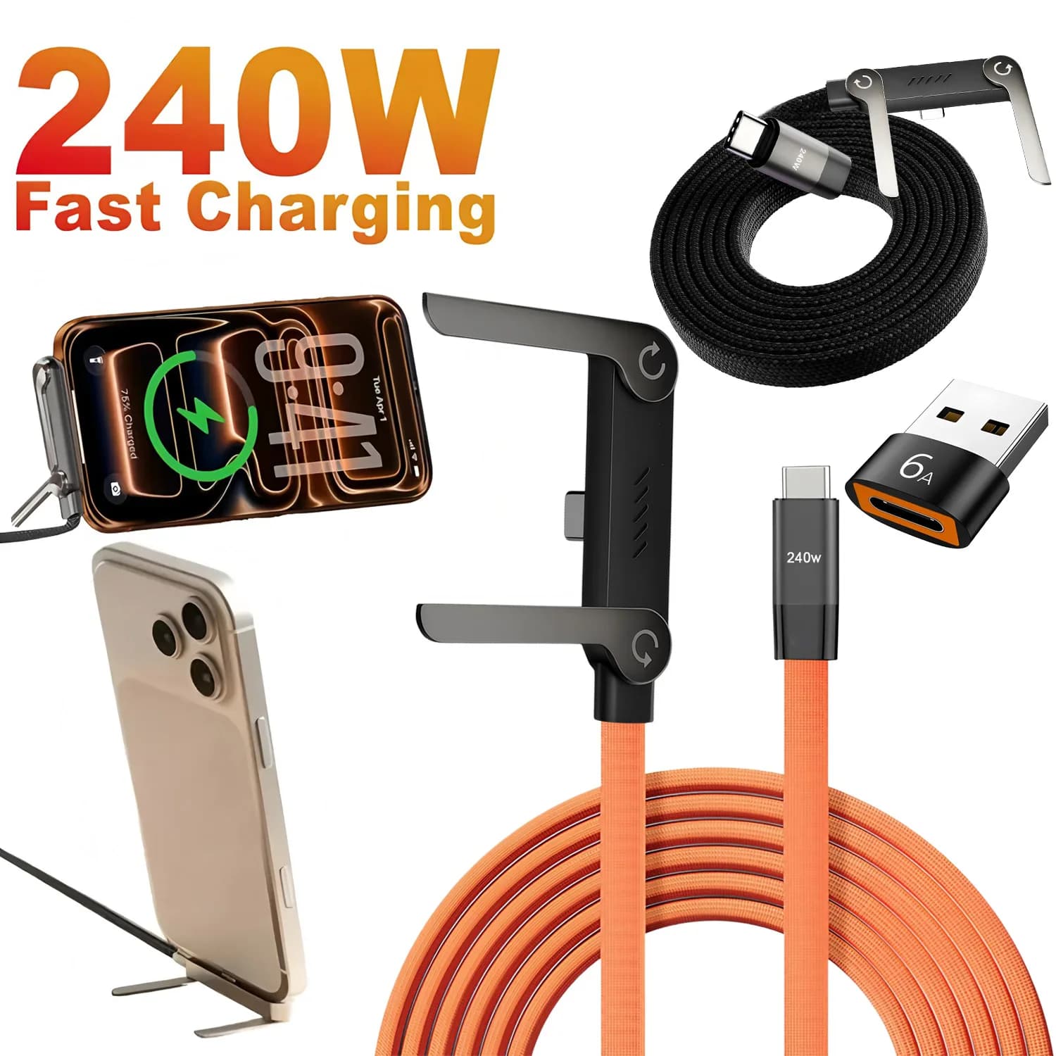 240W PD Fast Charging Type-C to Type-C Cable USB C to Type-C Cable with Foldable Stand Phone Holder For iPhone / Android/Xiaomi
