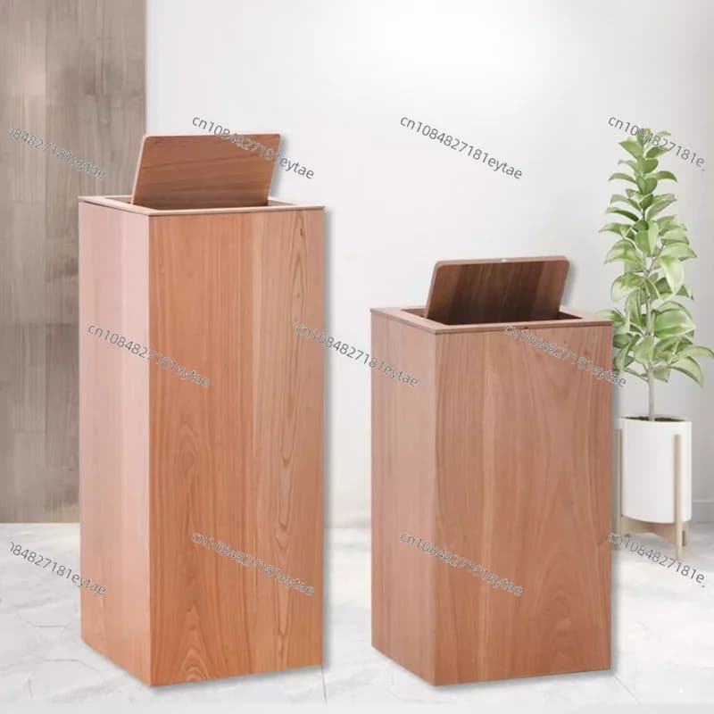 Modern Minimalist Large Wooden Waste Bin Paper Basket Heavy Duty Trash Can with Lid for Hotel Guest Room Use