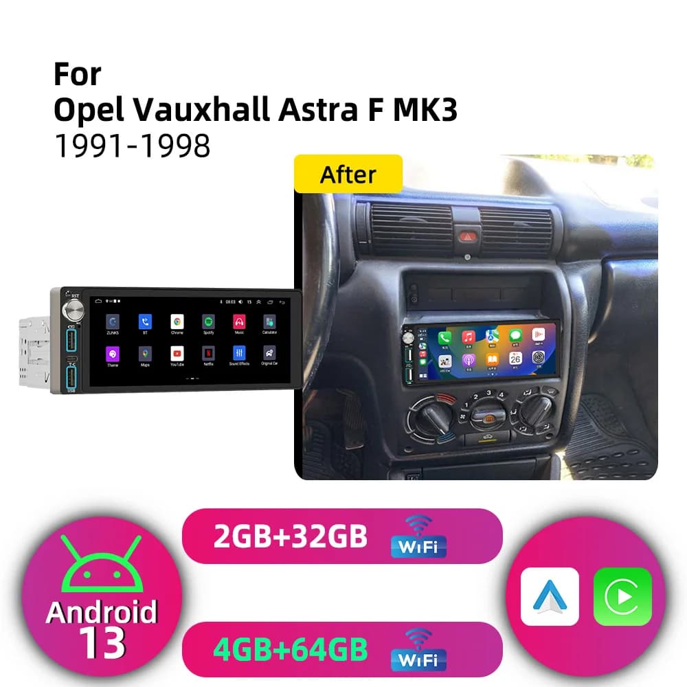 6.86" Screen Android 1Din Car Stereo for Opel Vauxhall Astra F MK3 1991-1998 CarPlay GPS Navigation Multimedia Autoradio Radio