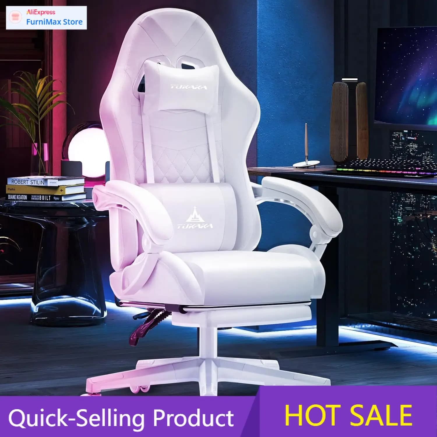 Promozione a tempo limitato: Sedia da gaming bianca, sedia da ufficio ergonomica con massaggio e poggiapiedi, cuscino a molle insacchettate, reclinabile