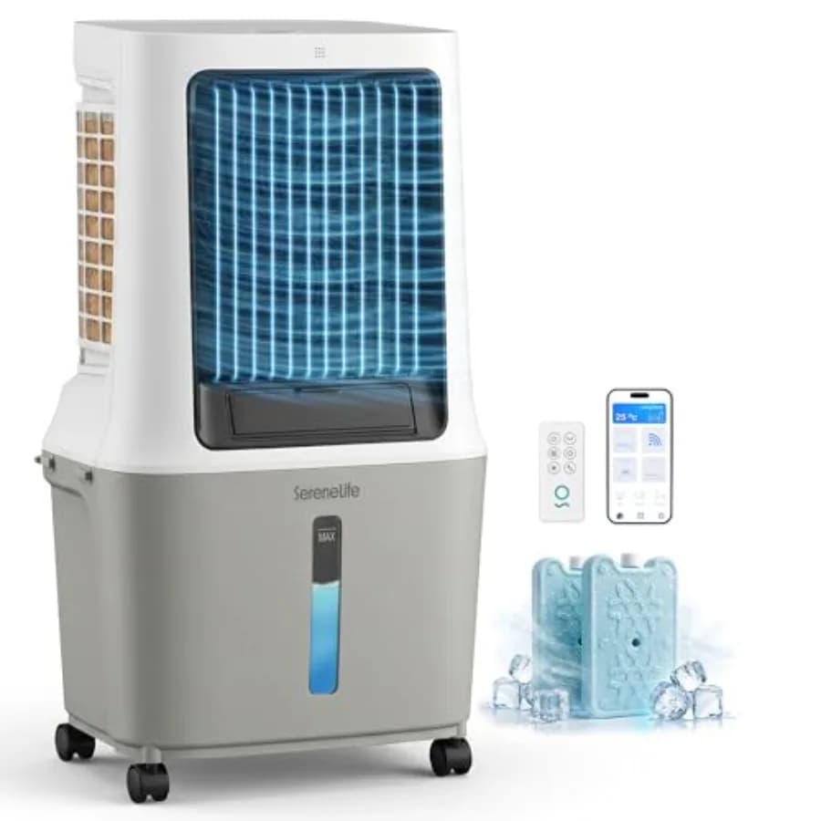 Portable swamp cooler for indoor/outdoor use, plastic housing, white, 2500 CFM airflow with WiFi control, humidifier and fan mo