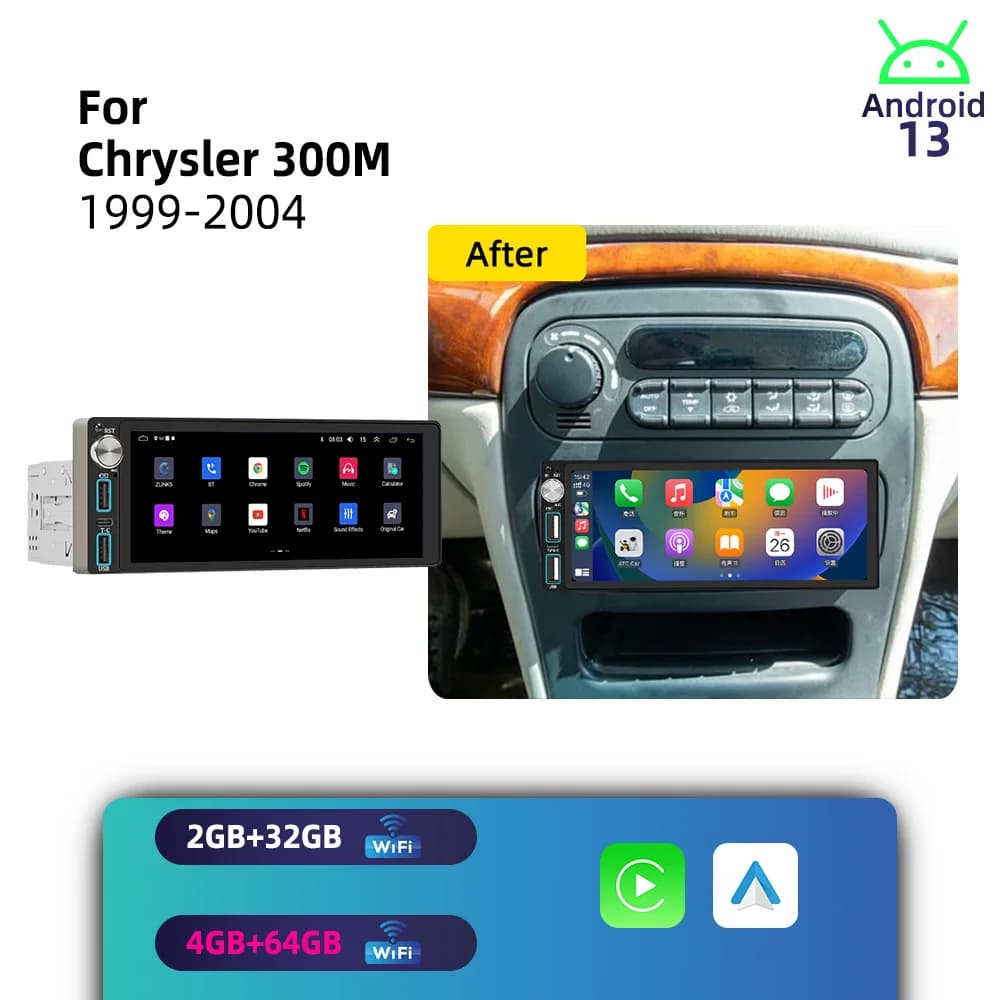 Autoradio Wireless CarPlay Android 6.86" 1 Din per Chrysler 300M 1999-2004 con GPS e Multimedia